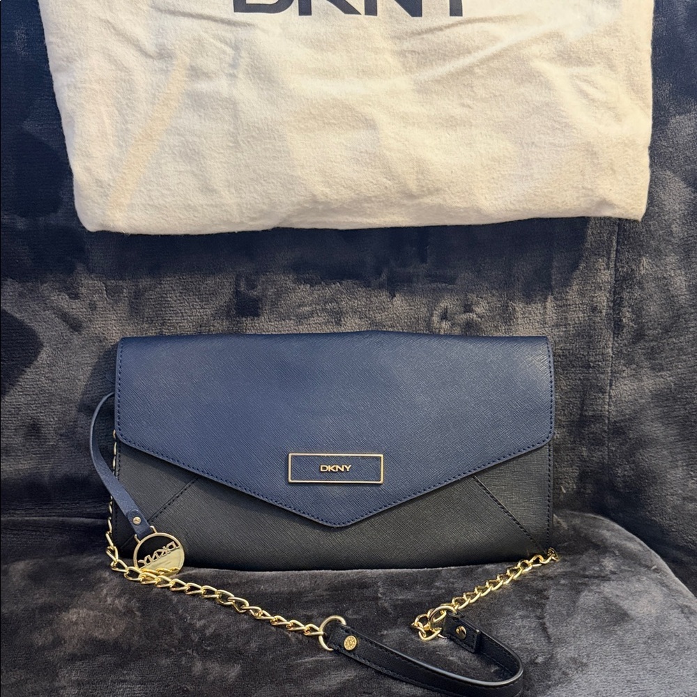DKNY Navy and Black Two-Tone Envelope Crossbody with Gold Chain